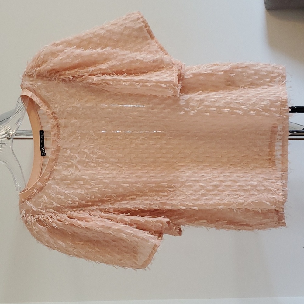 Zara pink puff sleeve fringe blouse Sz S